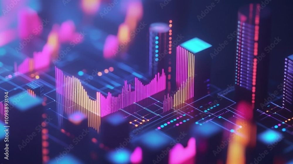 Poster a sleek, isometric digital chart showing data trends, with vibrant color gradients and 3d elements, 