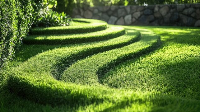 Close-up of meticulously mowed lawn showcasing beautifully curved, striped grass patterns created with manual mowing equipment in a vibrant green setting.