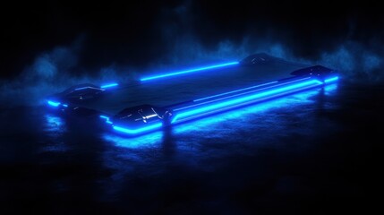 Futuristic glowing platform in dark.