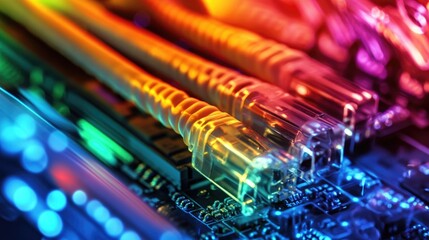 Vibrant Fiber Optic Cables Illuminated with Rainbow Colors Connecting to Circuit Board in a Glowing Technological Environment