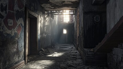 Obraz premium Abandoned industrial hallway with crumbling walls, a faint light shining through a doorway, evoking an eerie atmosphere of mystery and suspense