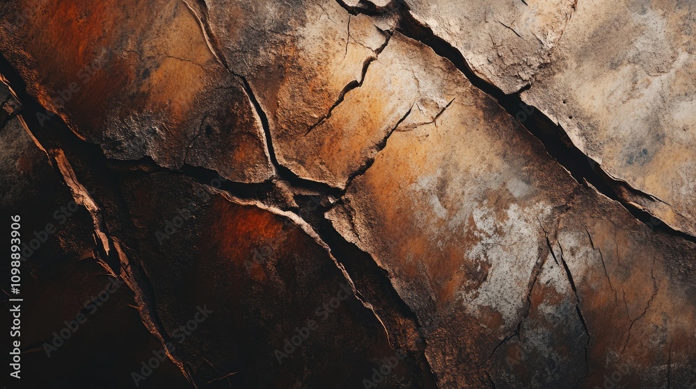 Poster Abstract close-up of a weathered metal surface with deep cracks and rust in earthy colors, evoking an industrial, vintage feel with strong texture contrasts