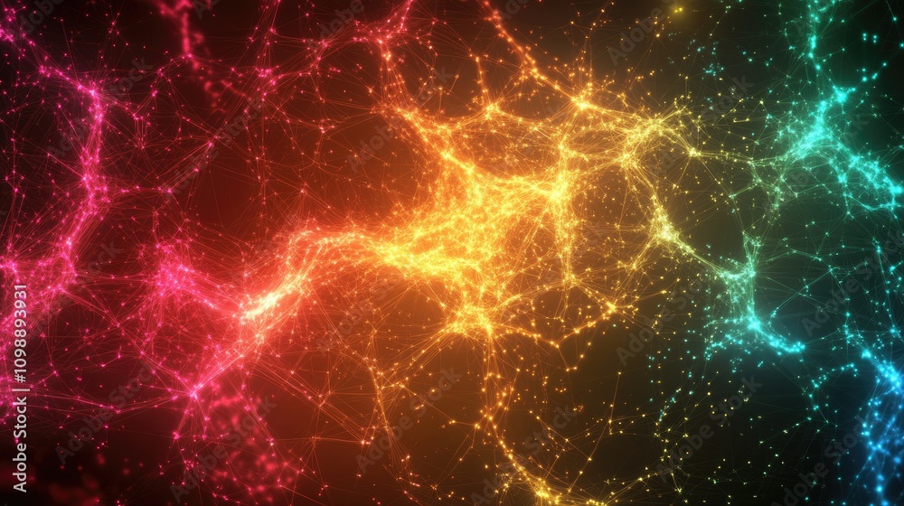 Poster Abstract data network with glowing lines, nodes, and connections, representing the digital web of information that powers the modern world in vibrant colors