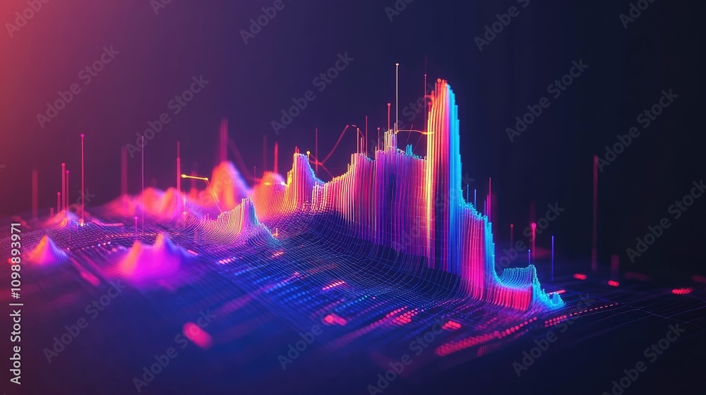 Poster Abstract isometric data chart in 3D with bright colors and smooth lines, representing statistical trends and data analysis in a modern digital format