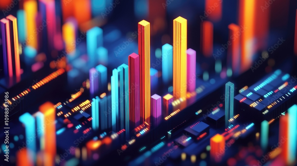Poster Abstract isometric data chart in 3D with bright colors and smooth lines, representing statistical trends and data analysis in a modern digital format