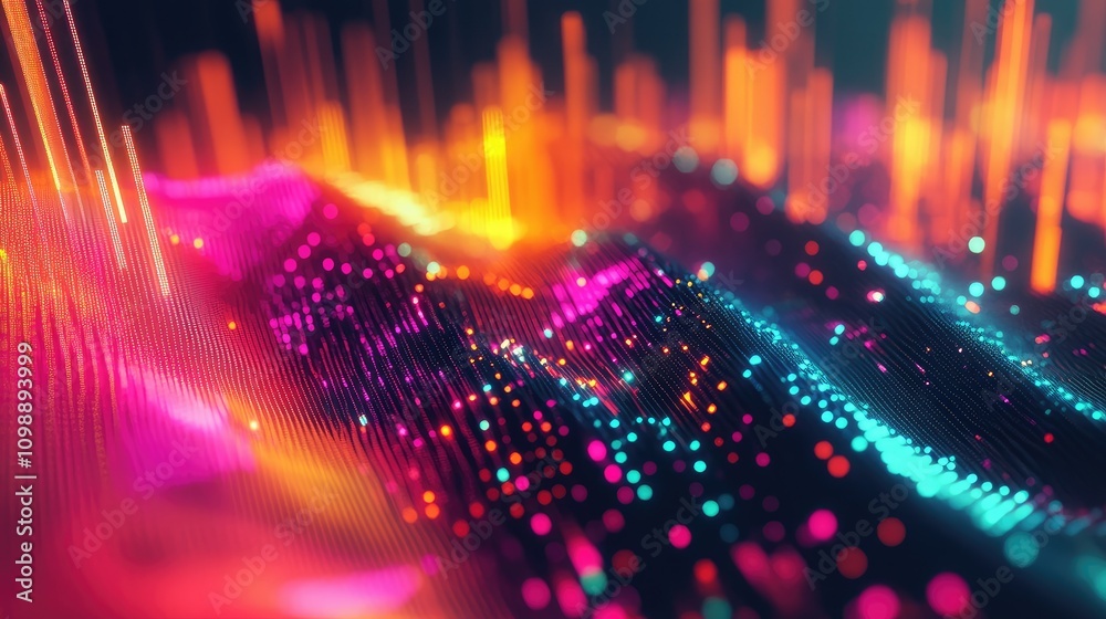Poster Abstract isometric data chart in 3D with bright colors and smooth lines, representing statistical trends and data analysis in a modern digital format