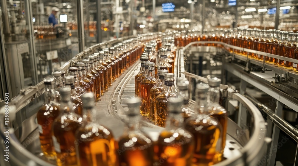 Poster Automated liquor bottling line in a large-scale industrial facility, with bottles of various spirits like gin and whiskey moving through the production process