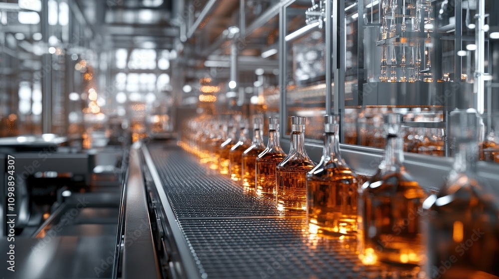 Poster automated bottling line at a large-scale liquor production plant, with glass bottles filled with spi