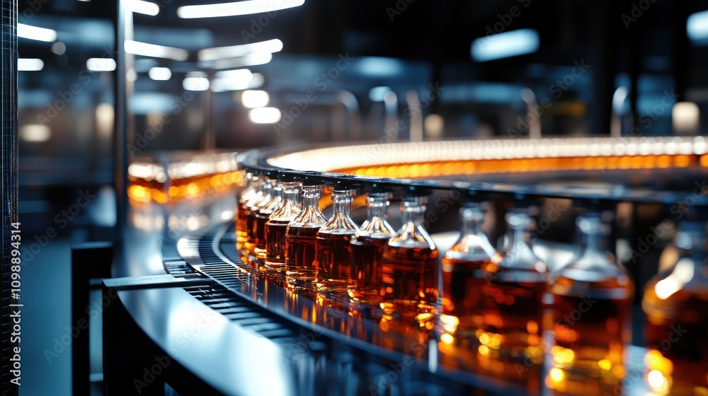 Poster Automated liquor bottling line in a large-scale industrial facility, with bottles of various spirits like gin and whiskey moving through the production process