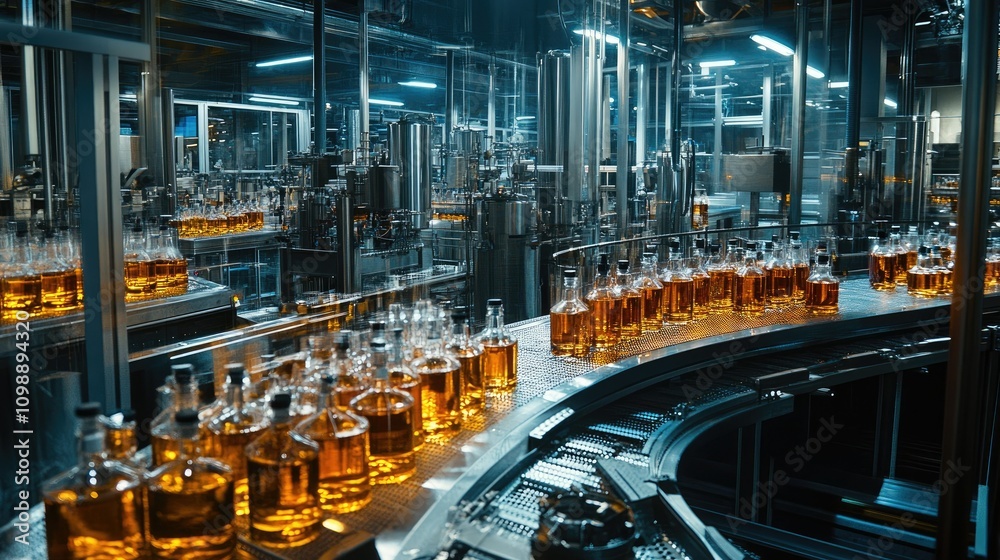Poster automated bottling line at a large-scale liquor production plant, with glass bottles filled with spi