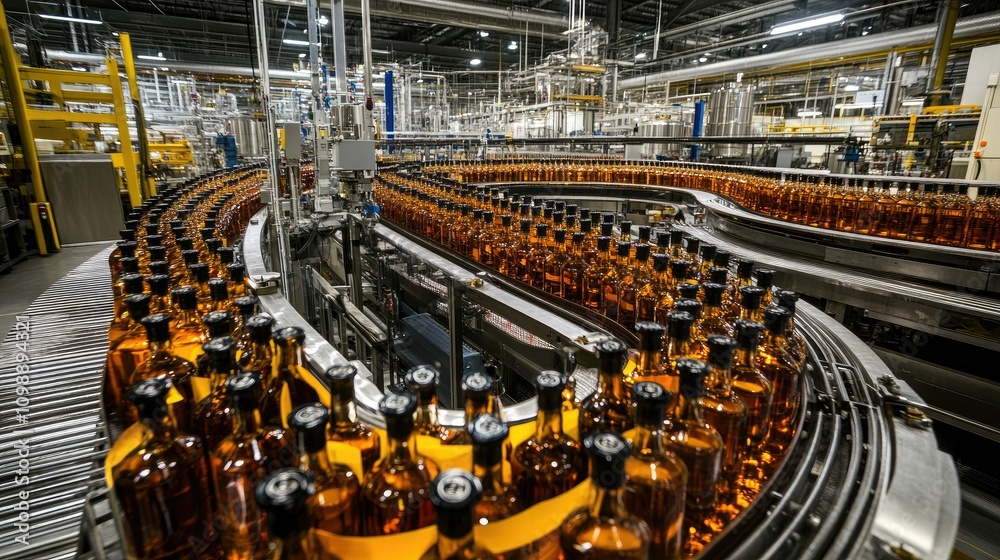 Poster Automated liquor bottling line in a large-scale industrial facility, with bottles of various spirits like gin and whiskey moving through the production process