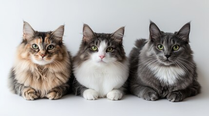 Three graceful cats sitting side by side on a smooth white background, showcasing their distinct colors and elegant features.