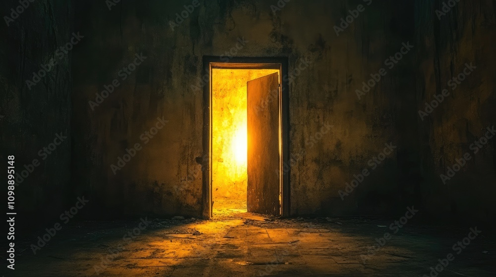 Poster dark and desolate industrial space with deteriorating walls and a glowing doorway, casting an unsett