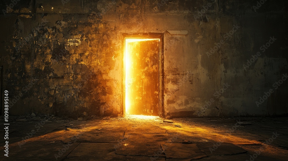 Poster Dark and desolate industrial space with deteriorating walls and a glowing doorway, casting an unsettling light into the shadows, creating a sense of fear