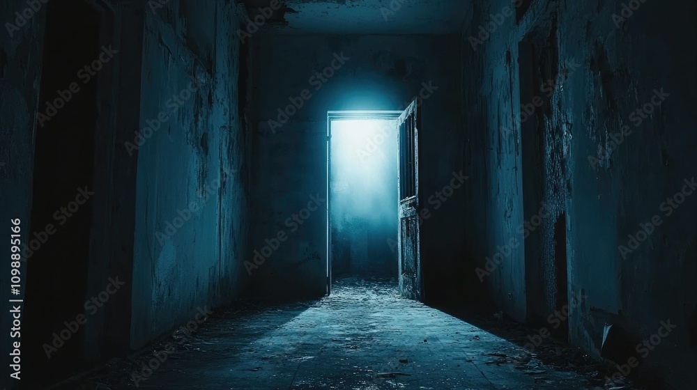Poster Dark and desolate industrial space with deteriorating walls and a glowing doorway, casting an unsettling light into the shadows, creating a sense of fear