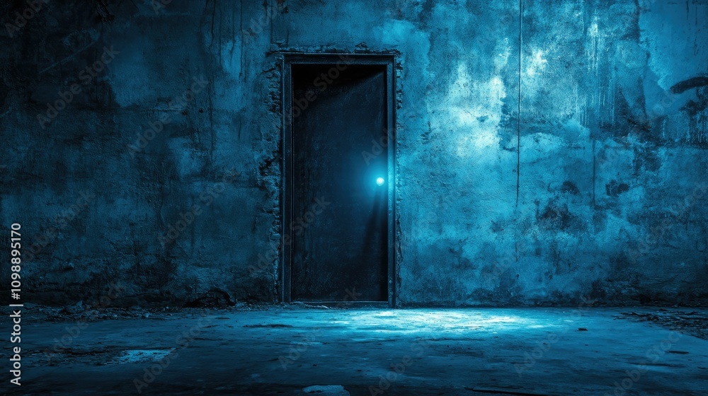 Poster dark and desolate industrial space with deteriorating walls and a glowing doorway, casting an unsett