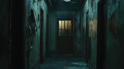 Obraz premium Dark and decaying industrial corridor with rusted metal and broken windows, a single doorway with an ominous glow, creating a sense of foreboding suspense