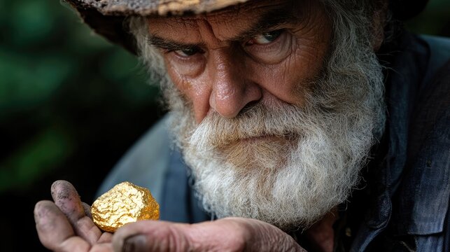 Elderly prospector with a weathered face and white beard intently studies a gleaming gold nugget held in his rough, dirt-streaked hand.