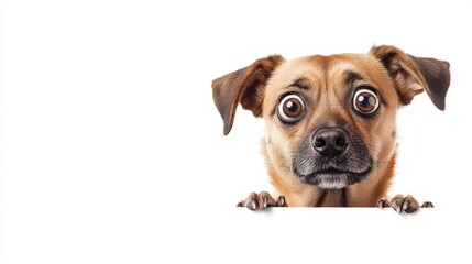 Obraz premium Shocked dog with large expressive eyes peeking over a ledge against a blank background, perfect for adding personalized text or graphics.