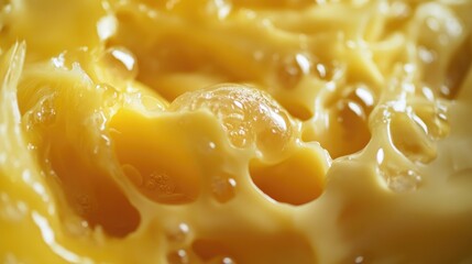 Close-up shot of oozing melted raclette cheese highlighting its creamy texture and rich, inviting golden hue.