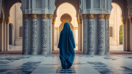 Arab woman gracefully exiting a mosque, embracing cultural identity and spirituality