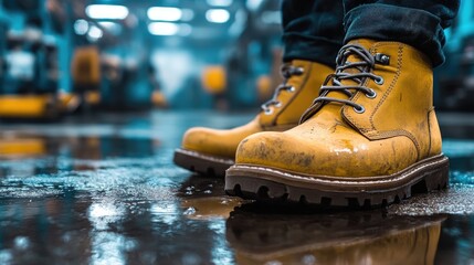 Close-up of rugged yellow boots on a wet factory floor highlighting their safety features and durability in an industrial environment.