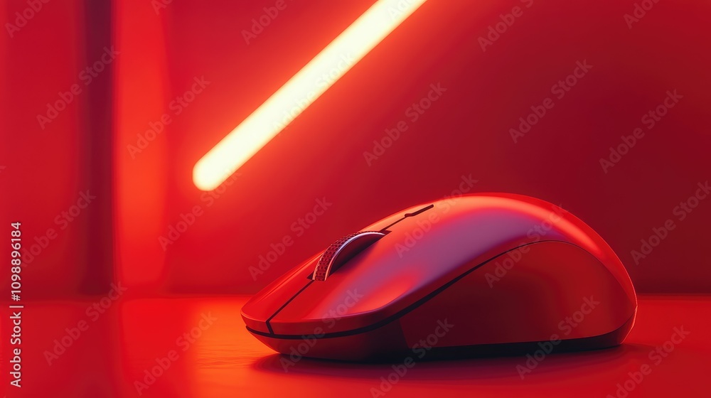Poster Modern red computer mouse in the foreground with a bold crimson background, emphasizing its smooth design and vibrant color, creating a tech-inspired atmosphere