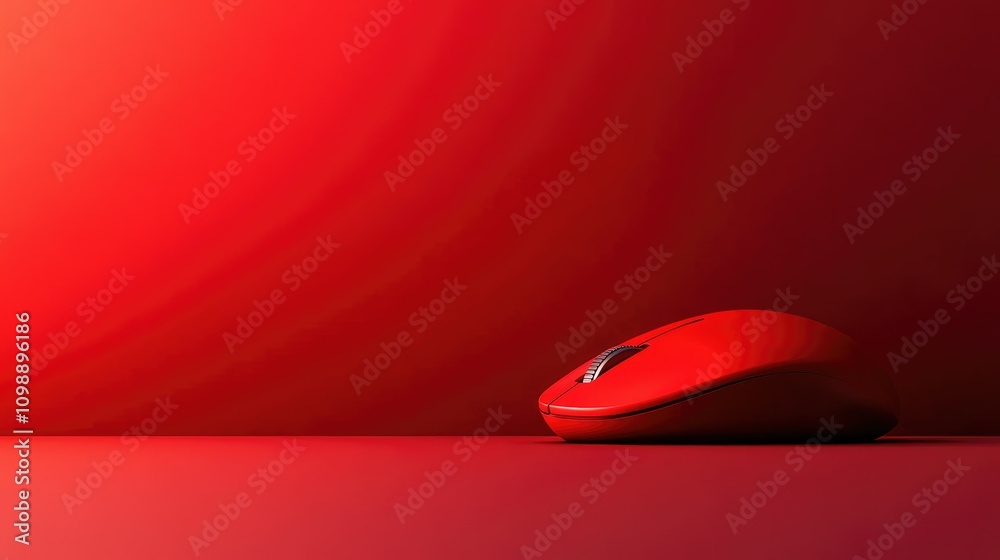 Poster Modern red computer mouse in the foreground with a bold crimson background, emphasizing its smooth design and vibrant color, creating a tech-inspired atmosphere