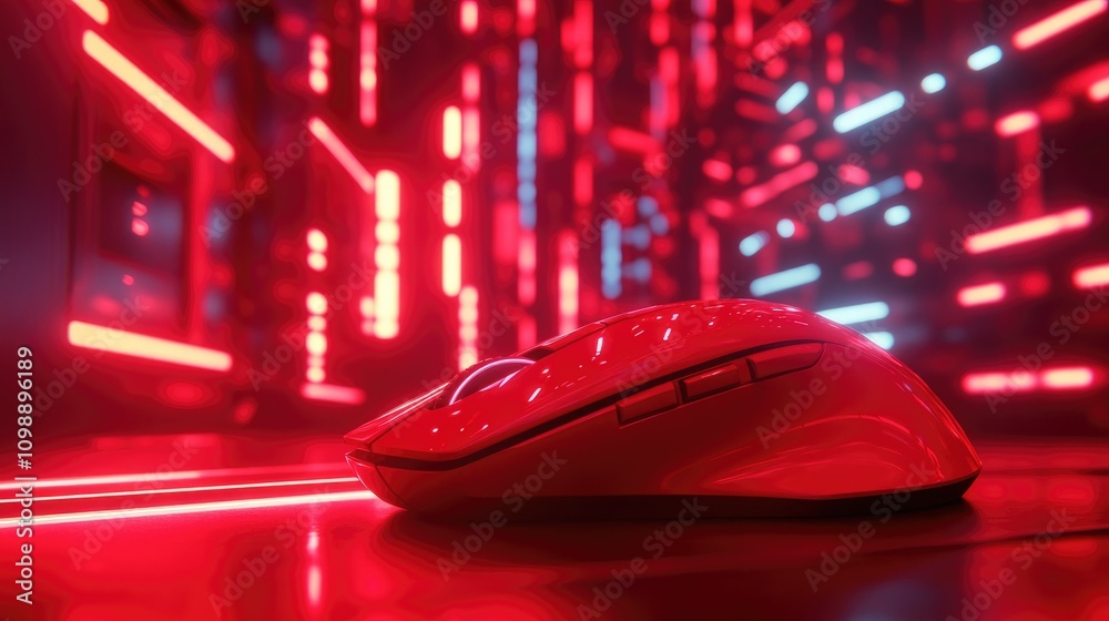 Aufkleber Modern red computer mouse in the foreground with a bold crimson background, emphasizing its smooth design and vibrant color, creating a tech-inspired atmosphere