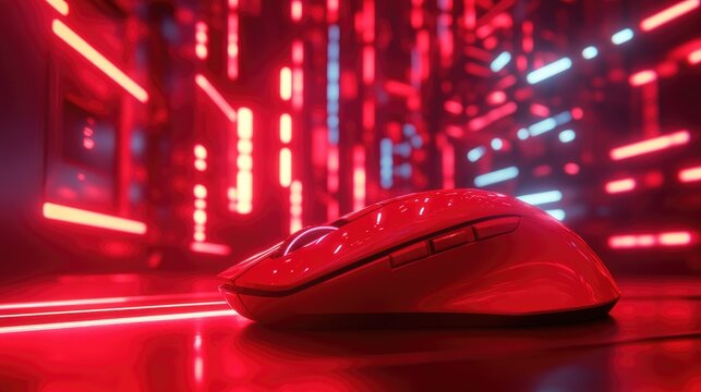 Modern red computer mouse in the foreground with a bold crimson background, emphasizing its smooth design and vibrant color, creating a tech-inspired atmosphere