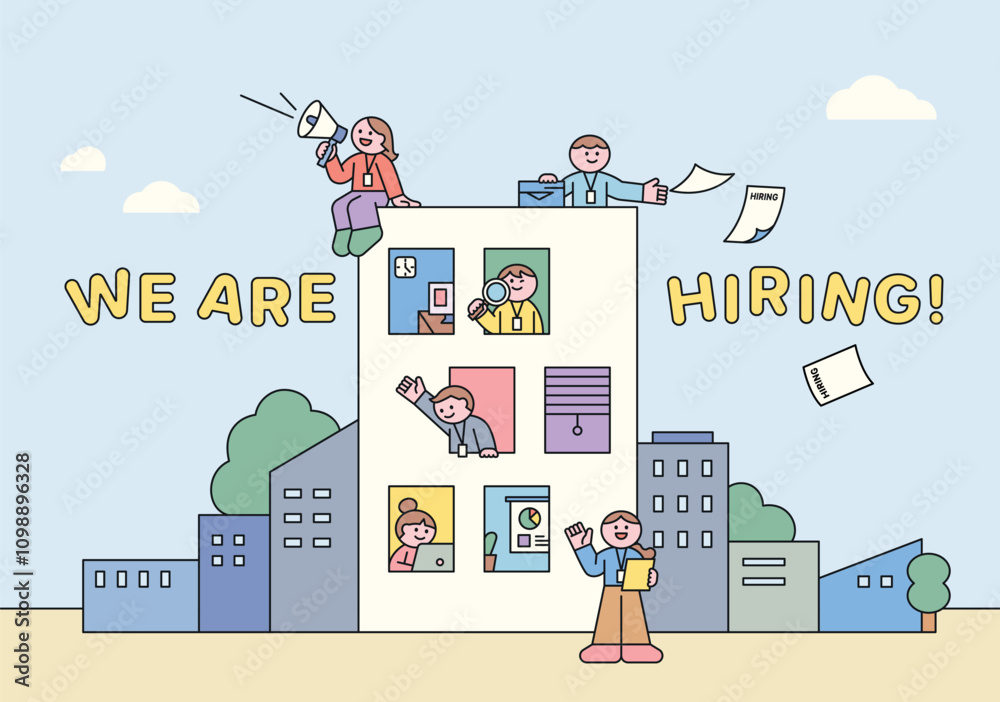 Wall mural recruitment and job search. business characters working around the building and in windows to recrui