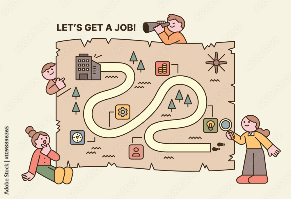 Wall mural recruitment and job search. adorable characters are searching for their way to a job using a treasur