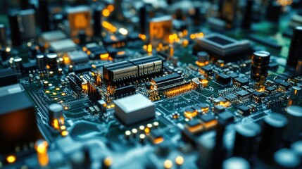 Obraz premium Close-up view of a complex circuit board featuring intricate electronic components, vibrant LED lights, and detailed pathways demonstrating advanced technology in production systems.