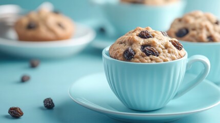 Homemade sugar-free raisin muffins in a light blue cup, showcasing healthy dessert options with soft textures and inviting colors on a serene background.