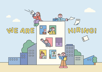 Recruitment and Job Search. Business characters working around the building and in windows to recruit talent. banner poster concepts.