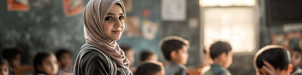 Obraz premium Middle Eastern woman wearing hijab, teaching children in a classroom setting.