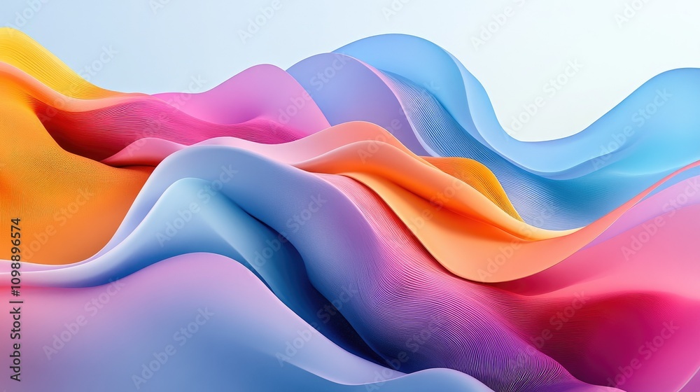 Poster Surreal 3D rendering of multicolored abstract shapes forming dynamic waves and peaks, creating a striking visual of flowing, organic forms in vibrant hues