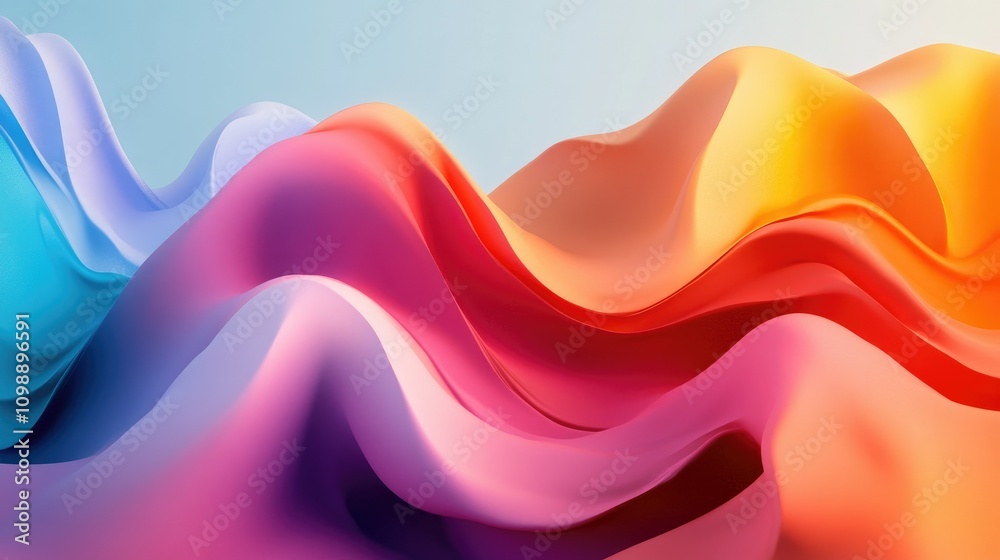 Poster Surreal 3D rendering of multicolored abstract shapes forming dynamic waves and peaks, creating a striking visual of flowing, organic forms in vibrant hues