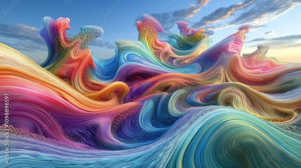 Poster Surreal 3D rendering of multicolored abstract shapes forming dynamic waves and peaks, creating a striking visual of flowing, organic forms in vibrant hues