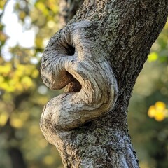 A close-up of a tree with a naturally bent trunk, growing in a strange yet beautiful form