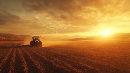 Fototapeta premium Tractor working the fields at sunrise in an autumn countryside, with soil being plowed under a golden sky, creating a peaceful rural farming scene