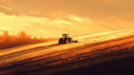 Fototapeta premium Tractor working the fields at sunrise in an autumn countryside, with soil being plowed under a golden sky, creating a peaceful rural farming scene