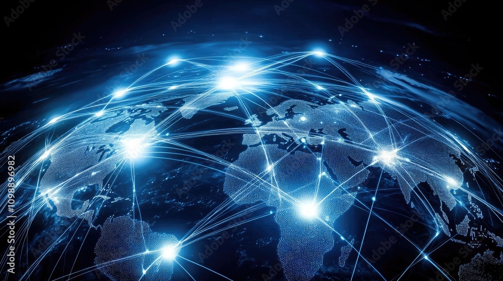 Poster Visual representation of a global network connection, with glowing data lines and interconnected nodes, symbolizing modern communication and digital innovation