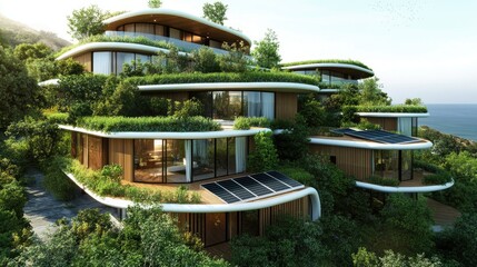 Fototapeta premium Visionary green residential architecture showcasing sustainable eco-friendly designs, with plants integrated into the structure and solar panels on rooftops
