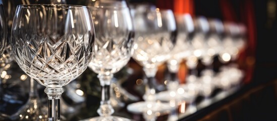 Elegant crystal goblets arranged on an ornate table, beautifully set for an upscale event showcasing intricate designs and rich ambiance.