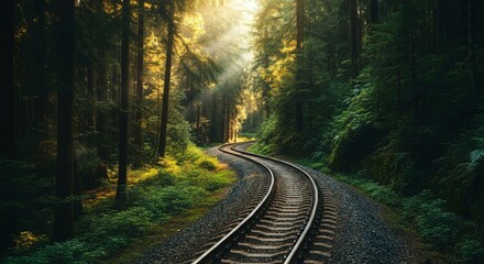 Obraz premium Scenic railway track winding through a lush green forest