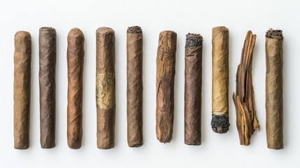 Assortment of assorted cigars arranged neatly against a clean white background showcasing different colors, textures, and shapes.