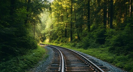 Obraz premium Scenic railway track winding through a lush green forest