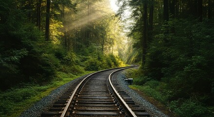 Obraz premium Scenic railway track winding through a lush green forest