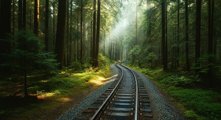 Obraz premium Scenic railway track winding through a lush green forest